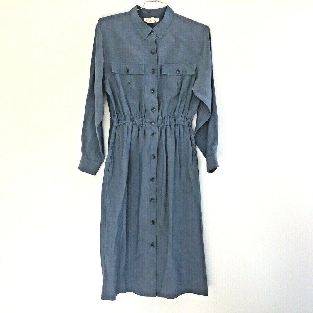 Norm Thompson Shirt Dress Womens 10 Button Up Blue Chambray Prairie Western VTG - Picture 1 of 9